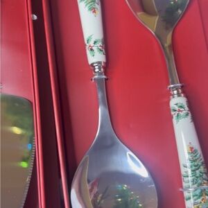 Spode Holly Design Silver and White Serving Utensils